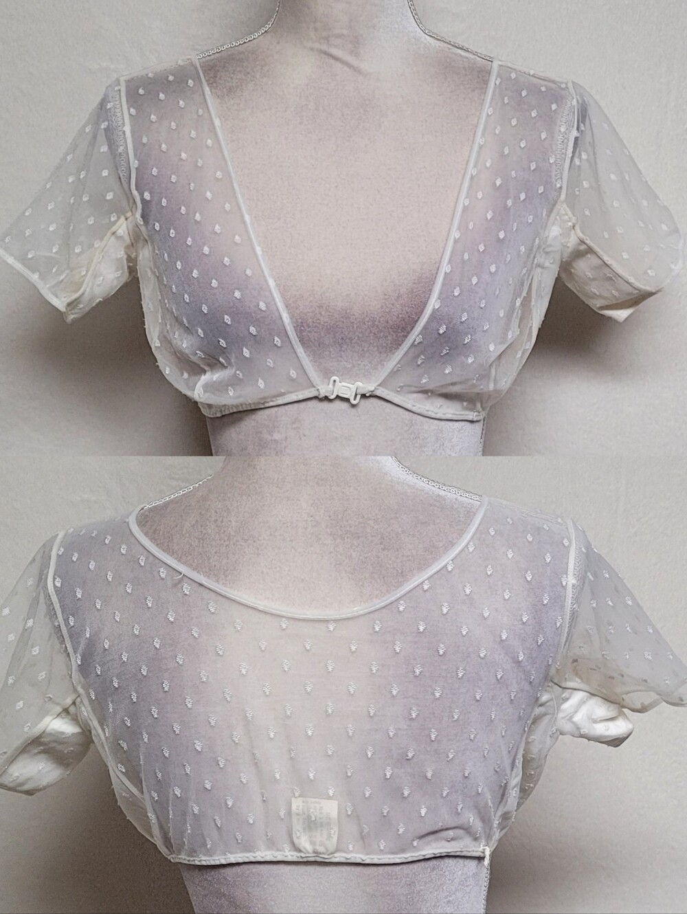 50s Rare Vintage Kleinerts Sheer Chiffon White Swiss Dot Cropped Dress Shield L